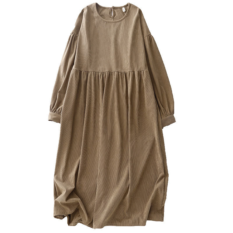 Robe mi-longue décontractée en velours côtelé et coton beige à manches longues bouffantes Buddha Stones - image 16