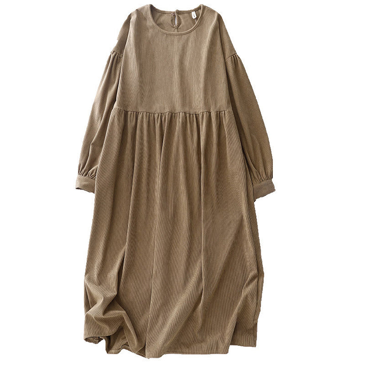 Robe mi-longue décontractée en velours côtelé et coton beige à manches longues bouffantes Buddha Stones - image 16