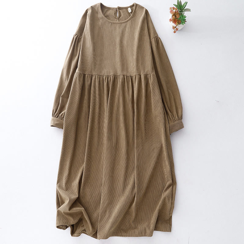 Robe mi-longue décontractée en velours côtelé et coton beige à manches longues bouffantes Buddha Stones - Tanné - US8-10，UK/AU12-14，EU40-42 (2XL) - image 1