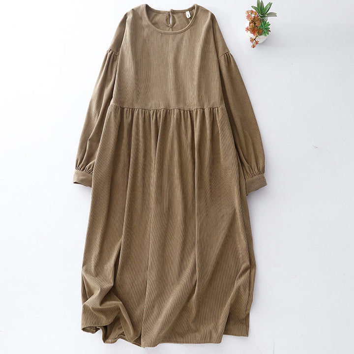 Robe mi-longue décontractée en velours côtelé et coton beige à manches longues bouffantes Buddha Stones - Tanné - US8-10，UK/AU12-14，EU40-42 (2XL) - image 1