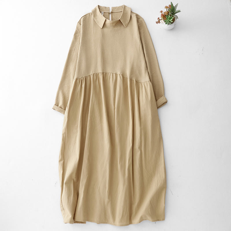 Robe midi en coton et lin à manches longues et revers uni avec poches Buddha Stones Spring - Verge d'or pâle - US8-10，UK/AU12-14，EU40-42 (2XL) - image 8