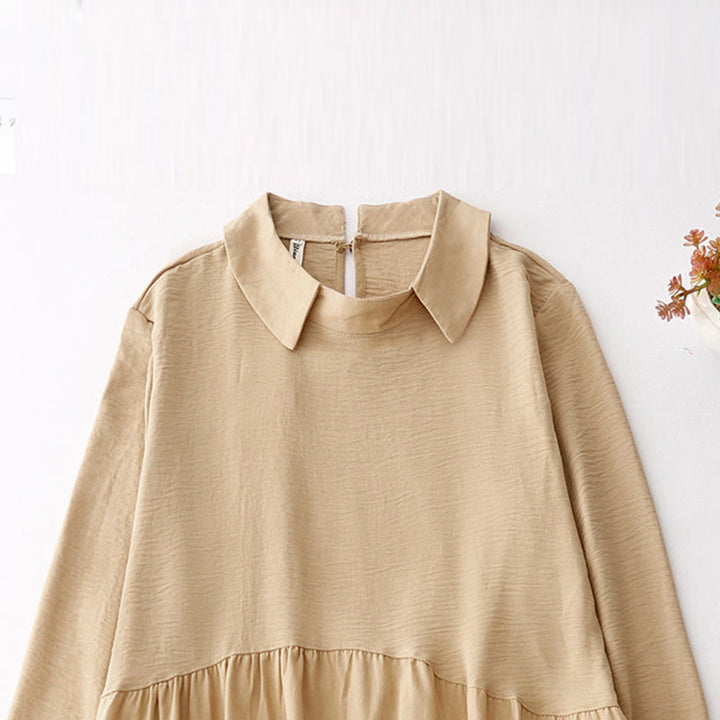 Robe midi en coton et lin à manches longues et revers uni avec poches Buddha Stones Spring - image 11