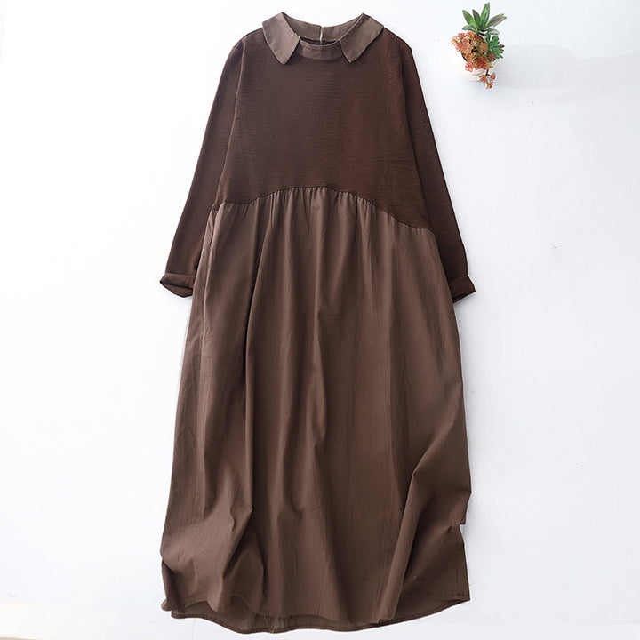 Robe midi en coton et lin à manches longues et revers uni avec poches Buddha Stones Spring - SaddleBrown - US8-10，UK/AU12-14，EU40-42 (2XL) - image 1
