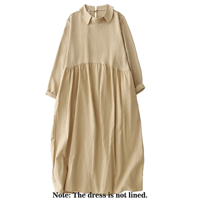Robe midi en coton et lin à manches longues et revers uni avec poches Buddha Stones Spring - image 9