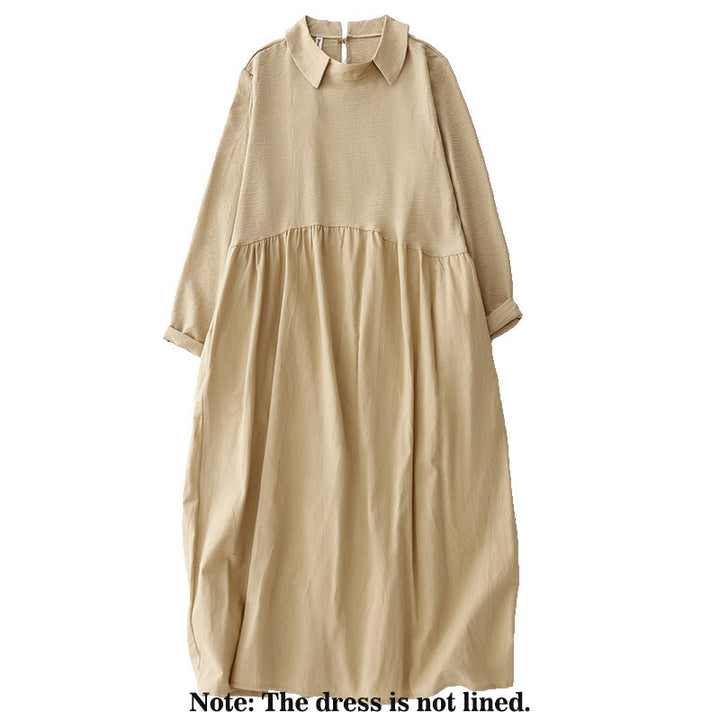 Robe midi en coton et lin à manches longues et revers uni avec poches Buddha Stones Spring - image 9