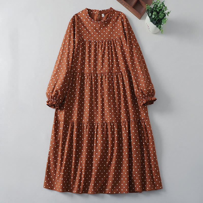 Robe mi-longue en coton et lin à volants et col ras du cou avec poches et motif à pois blancs Buddha Stones Spring - Chocolat - US12，UK/AU16，EU44 (2XL) - image 1