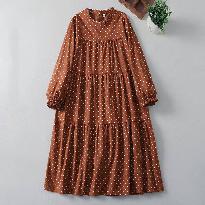 Robe mi-longue en coton et lin à volants et col ras du cou avec poches et motif à pois blancs Buddha Stones Spring - Chocolat - US12，UK/AU16，EU44 (2XL) - image 1