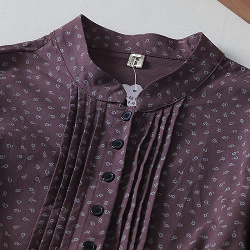 Robe mi-longue à manches longues et poches, en coton et lin, à imprimé floral et plis accordéon, avec Buddha Stones - image 8