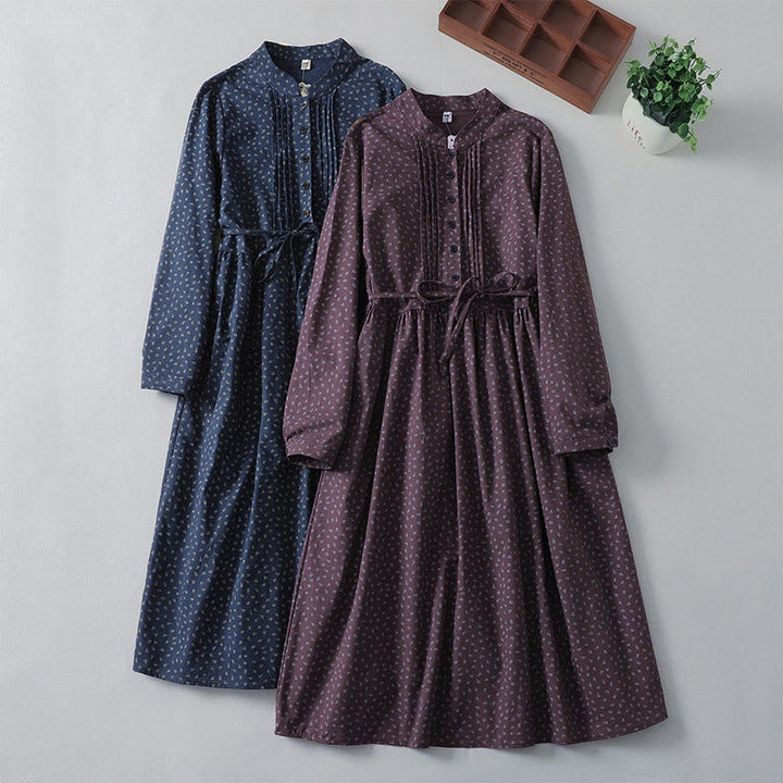 Robe mi-longue à manches longues et poches, en coton et lin, à imprimé floral et plis accordéon, avec Buddha Stones - image 18