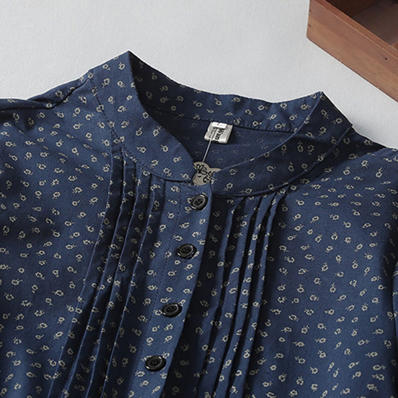 Robe mi-longue à manches longues et poches, en coton et lin, à imprimé floral et plis accordéon, avec Buddha Stones - image 2