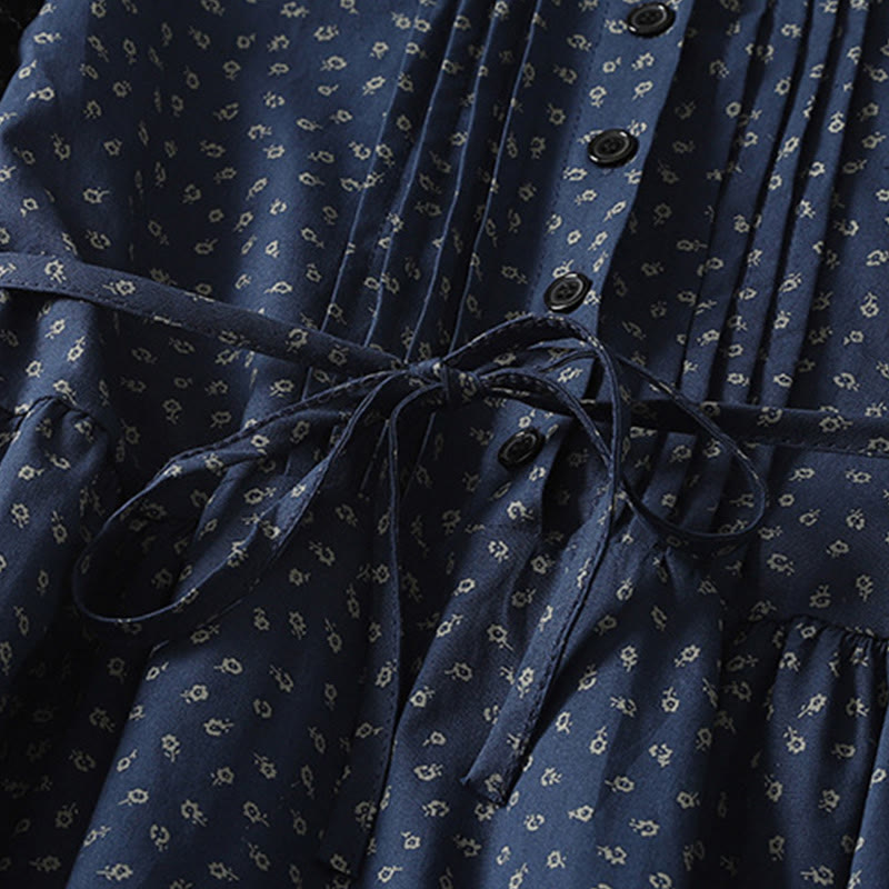 Robe mi-longue à manches longues et poches, en coton et lin, à imprimé floral et plis accordéon, avec Buddha Stones - image 3