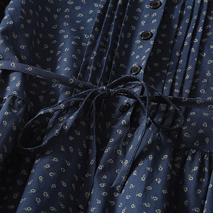 Robe mi-longue à manches longues et poches, en coton et lin, à imprimé floral et plis accordéon, avec Buddha Stones - image 4