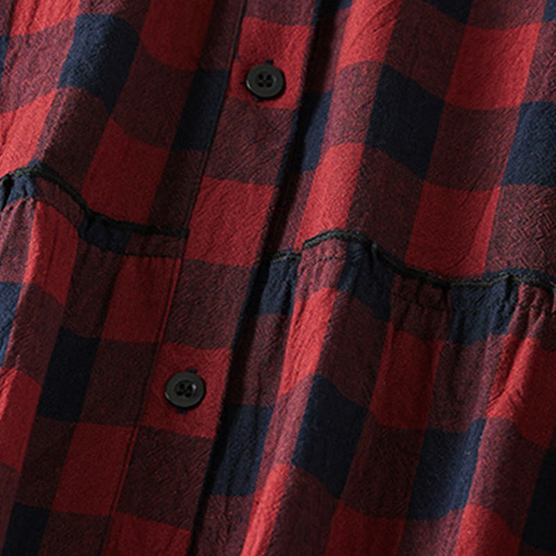 Robe mi-longue à carreaux contrastés et boutons en coton et lin, manches longues, avec poches - image 14