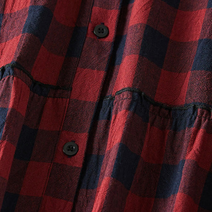 Robe mi-longue à carreaux contrastés et boutons en coton et lin, manches longues, avec poches - image 15