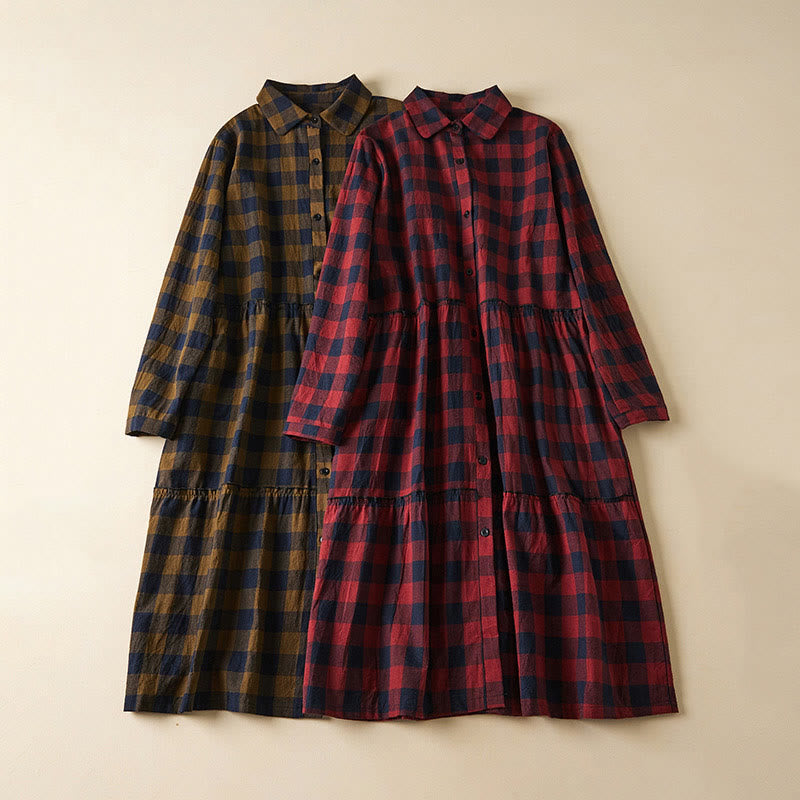 Robe mi-longue à carreaux contrastés et boutons en coton et lin, manches longues, avec poches - image 21