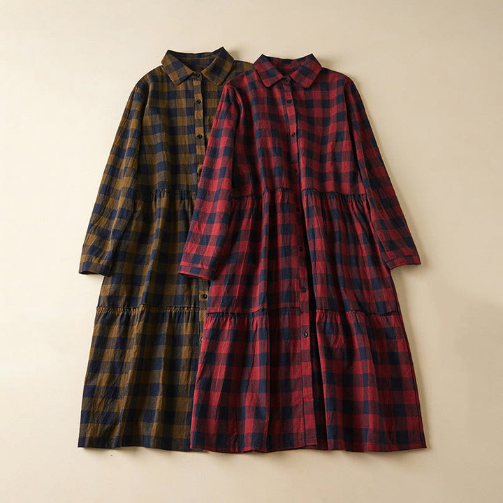 Robe mi-longue à carreaux contrastés et boutons en coton et lin, manches longues, avec poches - image 21