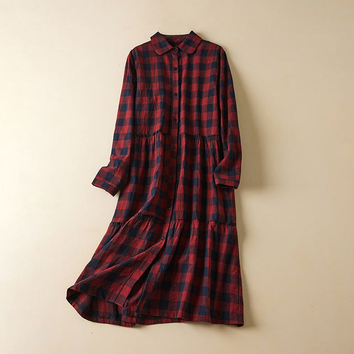 Robe mi-longue à carreaux contrastés et boutons en coton et lin, manches longues, avec poches - Cramoisi - US8-10，UK/AU12-14，EU40-42 (2XL) - image 12