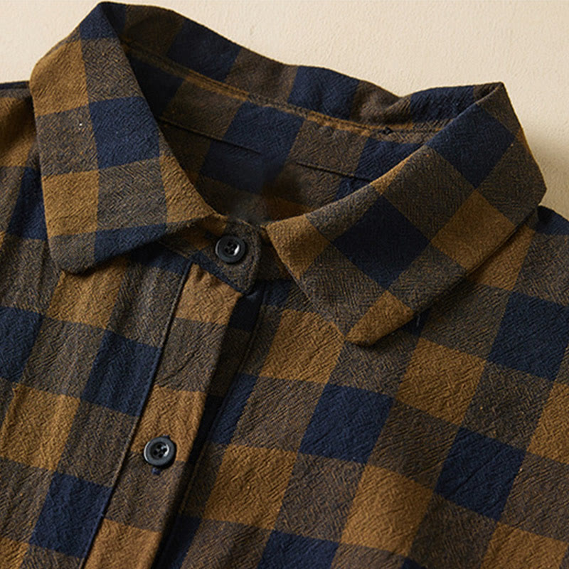 Robe mi-longue à carreaux contrastés et boutons en coton et lin, manches longues, avec poches - image 3