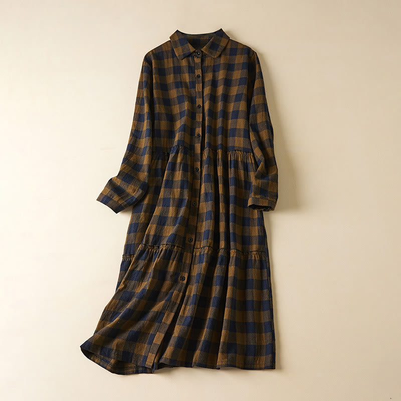 Robe mi-longue à carreaux contrastés et boutons en coton et lin, manches longues, avec poches - Verge d'or foncée - US8-10，UK/AU12-14，EU40-42 (2XL) - image 1