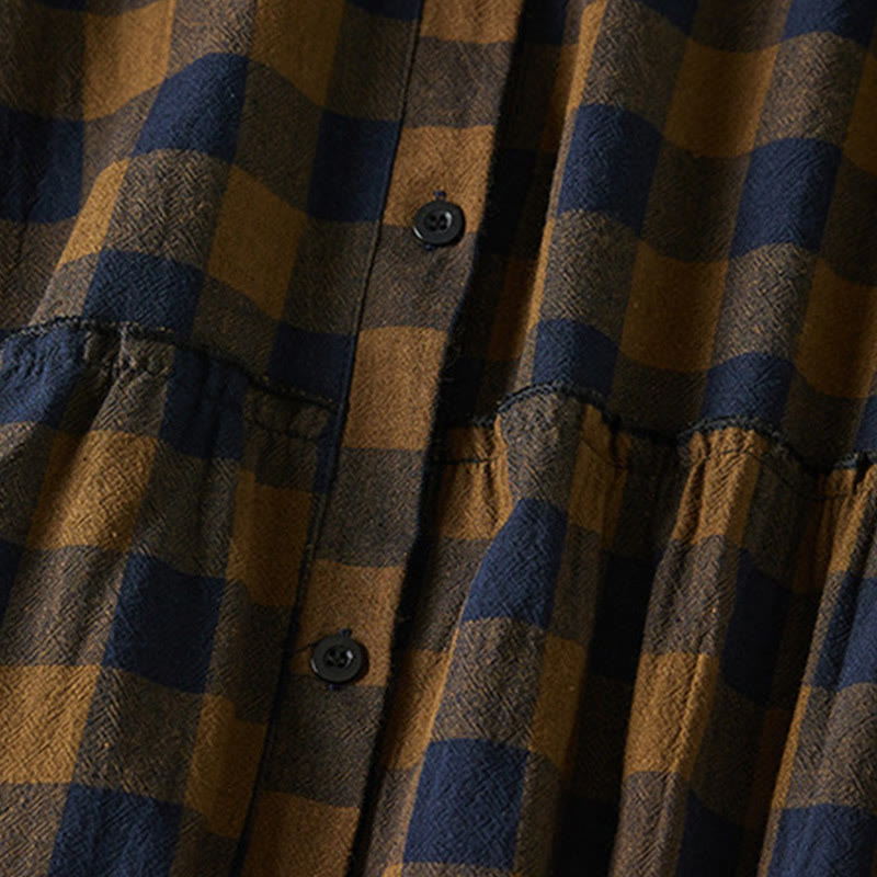 Robe mi-longue à carreaux contrastés et boutons en coton et lin, manches longues, avec poches - image 4