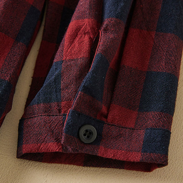 Robe mi-longue à carreaux contrastés et boutons en coton et lin, manches longues, avec poches - image 18
