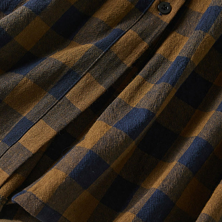 Robe mi-longue à carreaux contrastés et boutons en coton et lin, manches longues, avec poches - image 7