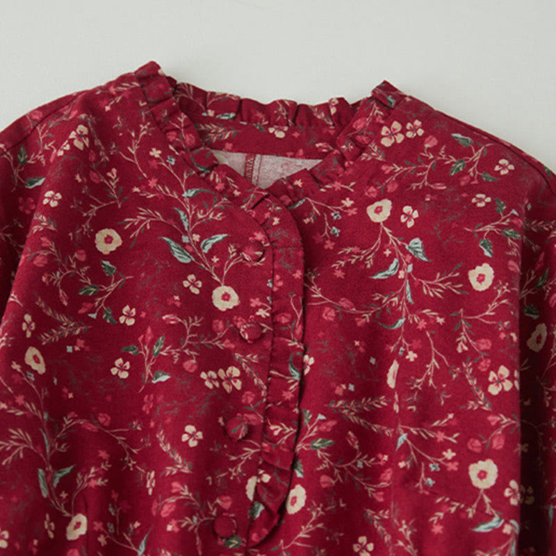 Robe mi-longue en coton et lin à manches longues et imprimé ethnique Buddha Stones, motif floral à lacets - image 10