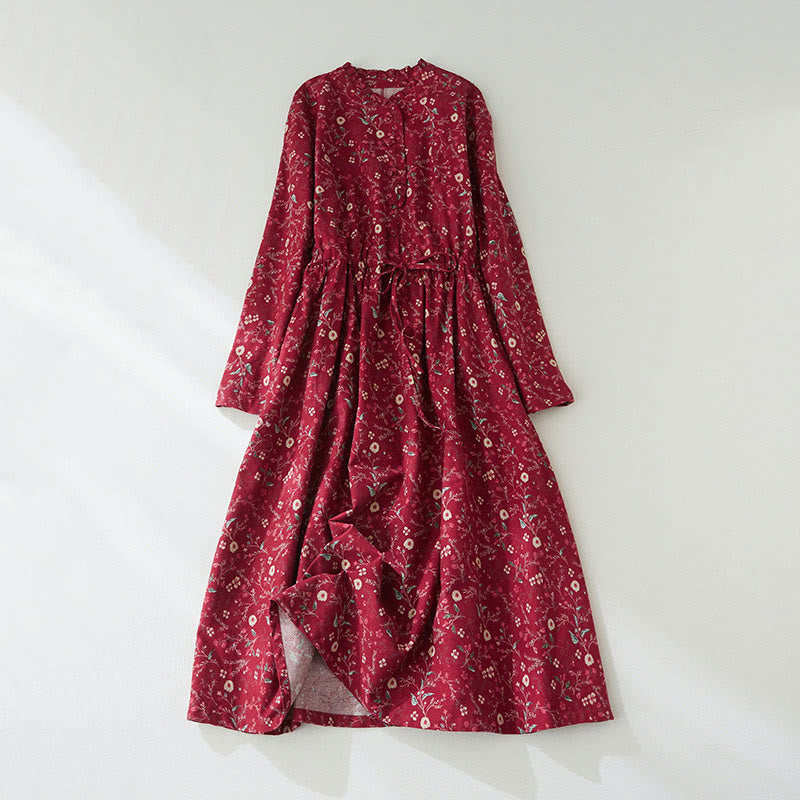 Robe mi-longue en coton et lin à manches longues et imprimé ethnique Buddha Stones, motif floral à lacets - Cramoisi - US8-10，UK/AU12-14，EU40-42 (2XL) - image 8