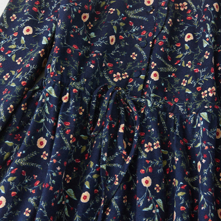 Robe mi-longue en coton et lin à manches longues et imprimé ethnique Buddha Stones, motif floral à lacets - image 5