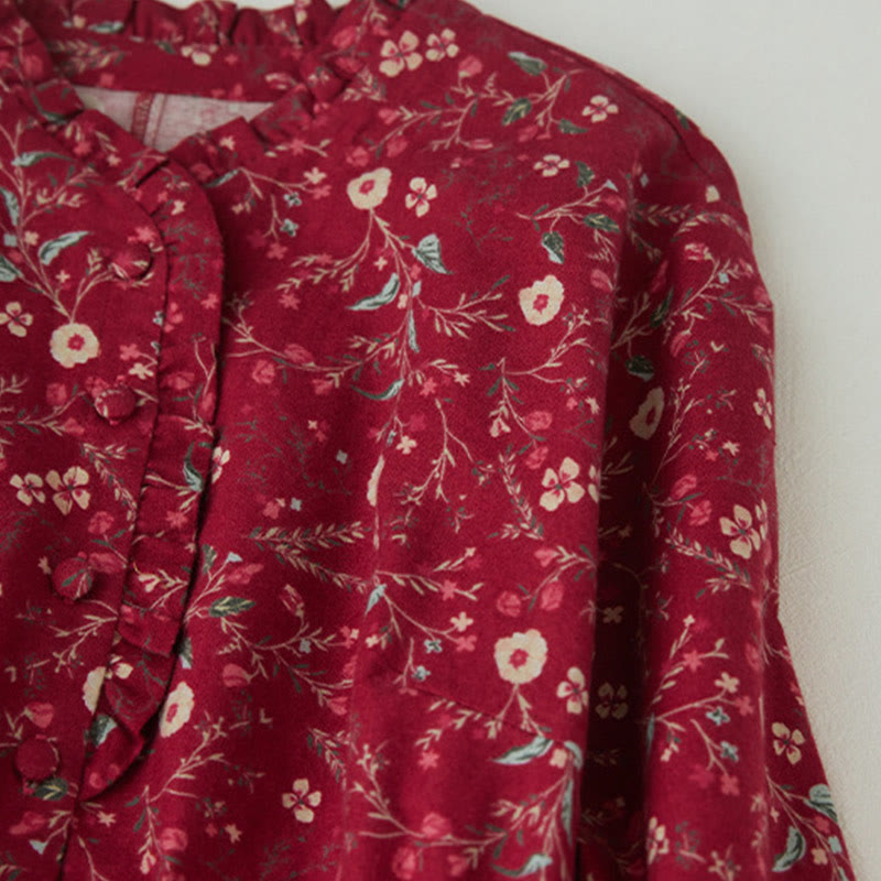 Robe mi-longue en coton et lin à manches longues et imprimé ethnique Buddha Stones, motif floral à lacets - image 12