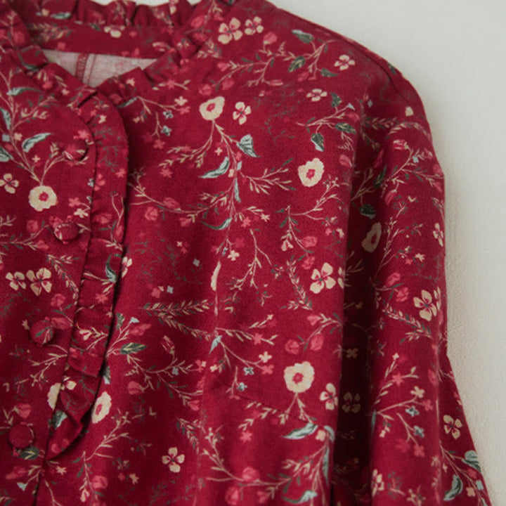 Robe mi-longue en coton et lin à manches longues et imprimé ethnique Buddha Stones, motif floral à lacets - image 12