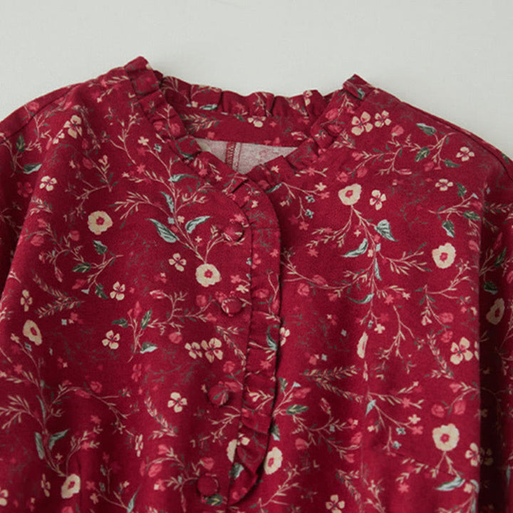 Robe mi-longue en coton et lin à manches longues et imprimé ethnique Buddha Stones, motif floral à lacets - image 11