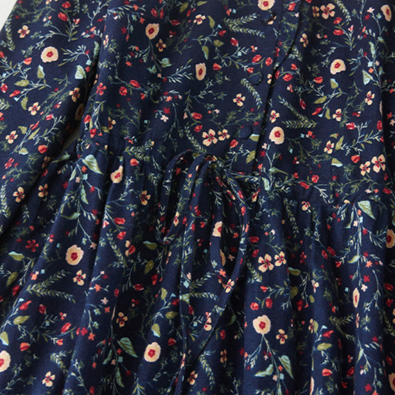 Robe mi-longue en coton et lin à manches longues et imprimé ethnique Buddha Stones, motif floral à lacets - image 4