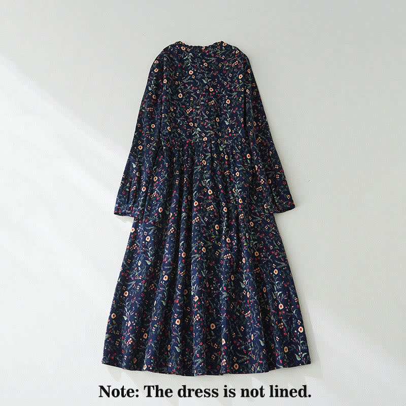 Robe mi-longue en coton et lin à manches longues et imprimé ethnique Buddha Stones, motif floral à lacets - image 1