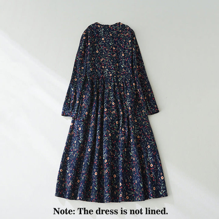 Robe mi-longue en coton et lin à manches longues et imprimé ethnique Buddha Stones, motif floral à lacets - image 1