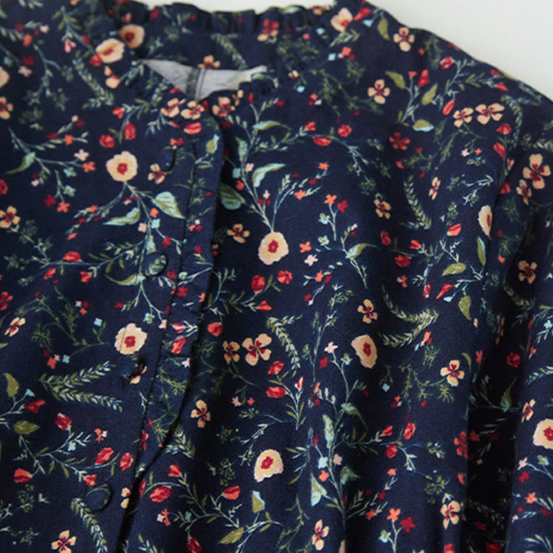 Robe mi-longue en coton et lin à manches longues et imprimé ethnique Buddha Stones, motif floral à lacets - image 3