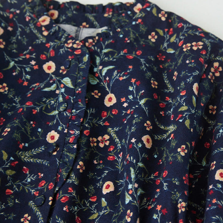 Robe mi-longue en coton et lin à manches longues et imprimé ethnique Buddha Stones, motif floral à lacets - image 3