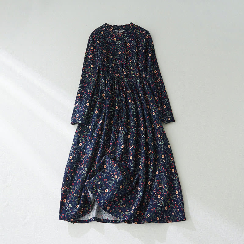 Robe mi-longue en coton et lin à manches longues et imprimé ethnique Buddha Stones, motif floral à lacets - Bleu nuit - US8-10，UK/AU12-14，EU40-42 (2XL) - image 0