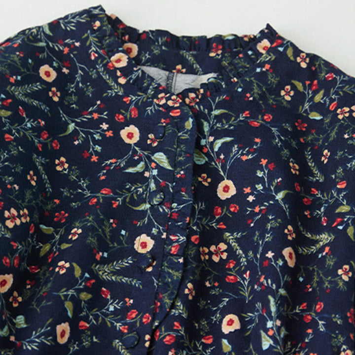 Robe mi-longue en coton et lin à manches longues et imprimé ethnique Buddha Stones, motif floral à lacets - image 3