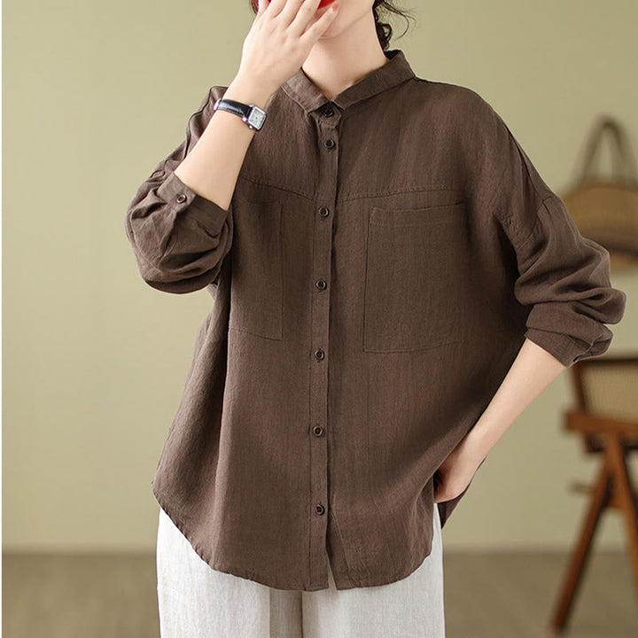 Chemise décontractée à manches longues en coton et lin pour femme avec Buddha Stones - Terre de sienne - US14，UK/AU18，EU46 (2XL) - image 8
