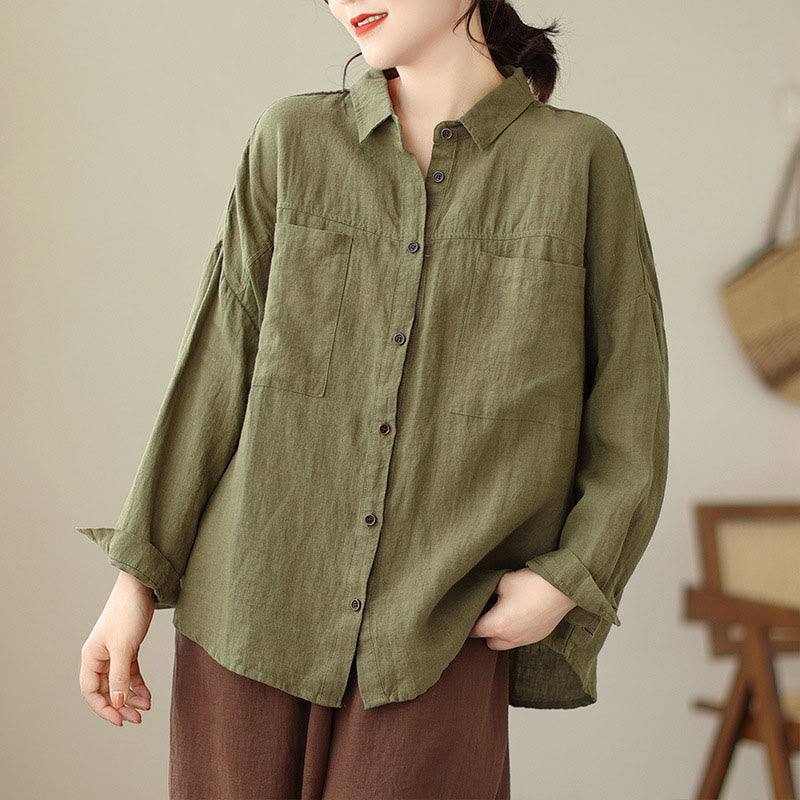 Chemise décontractée à manches longues en coton et lin pour femme avec Buddha Stones - Kaki foncé - US14，UK/AU18，EU46 (2XL) - image 17