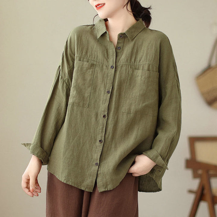 Chemise décontractée à manches longues en coton et lin pour femme avec Buddha Stones - Kaki foncé - US14，UK/AU18，EU46 (2XL) - image 17