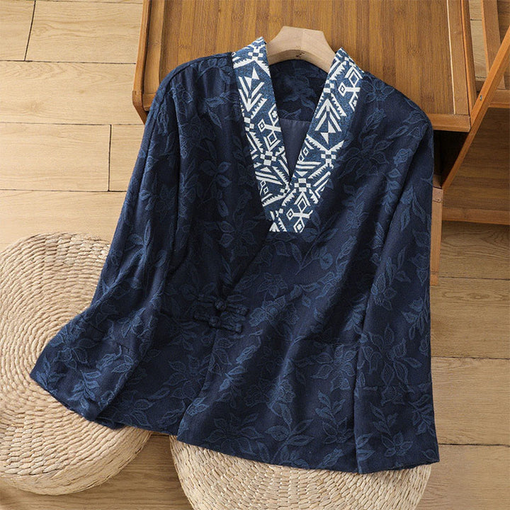Chemise décontractée en coton et lin pour femme, motif jacquard et boutons grenouille , Buddha Stones - Bleu nuit - US12，UK/AU16，EU44 (2XL) - image 1