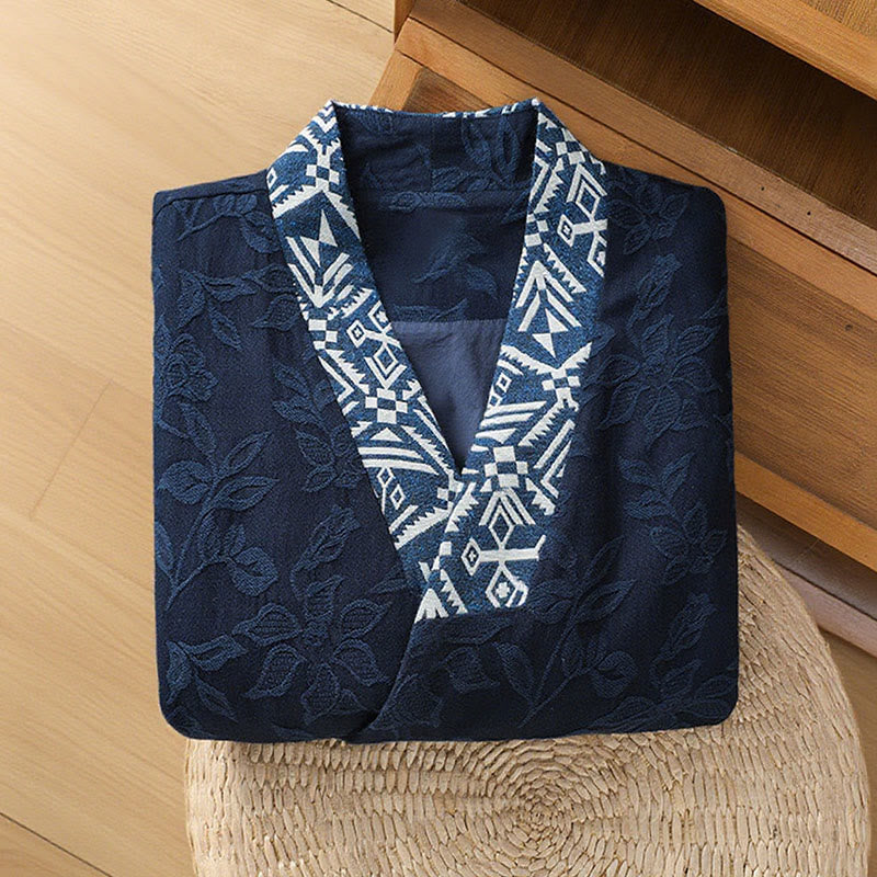 Chemise décontractée en coton et lin pour femme, motif jacquard et boutons grenouille , Buddha Stones - image 4