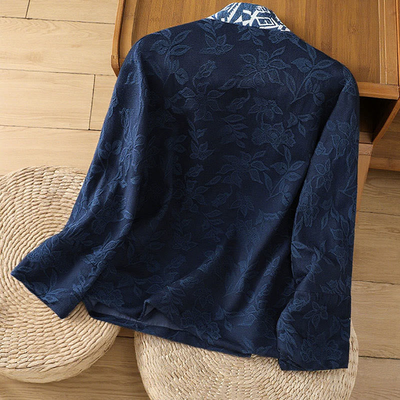 Chemise décontractée en coton et lin pour femme, motif jacquard et boutons grenouille , Buddha Stones - image 5