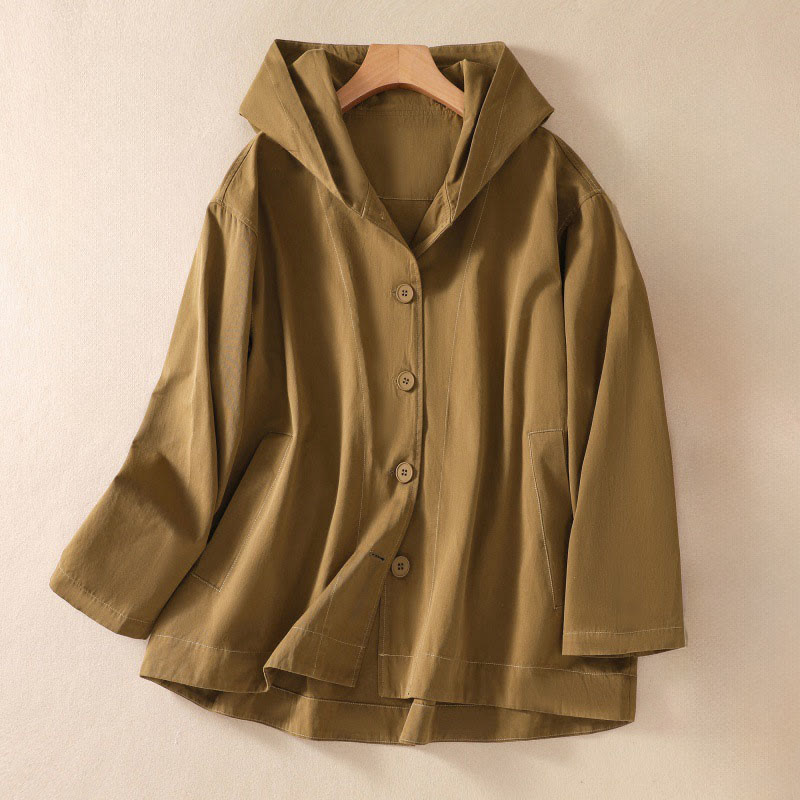 Veste en coton à capuche et boutons couleur pure Buddha Stones pour femme avec poches - Verge d'or foncée - US14，UK/AU18，EU46 (2XL) - image 2