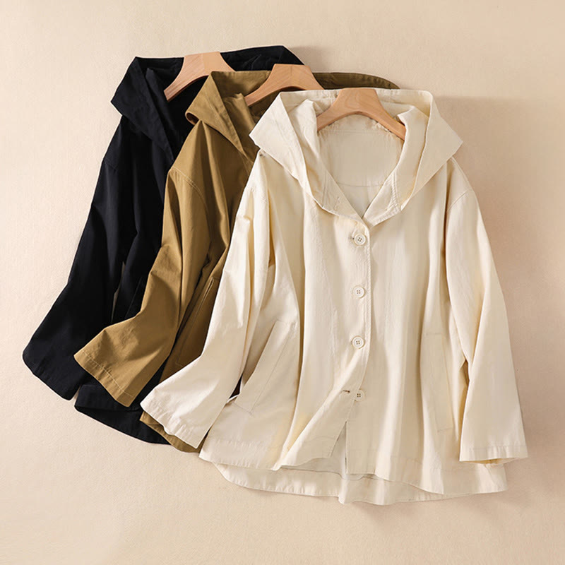 Veste en coton à capuche et boutons couleur pure Buddha Stones pour femme avec poches - image 1