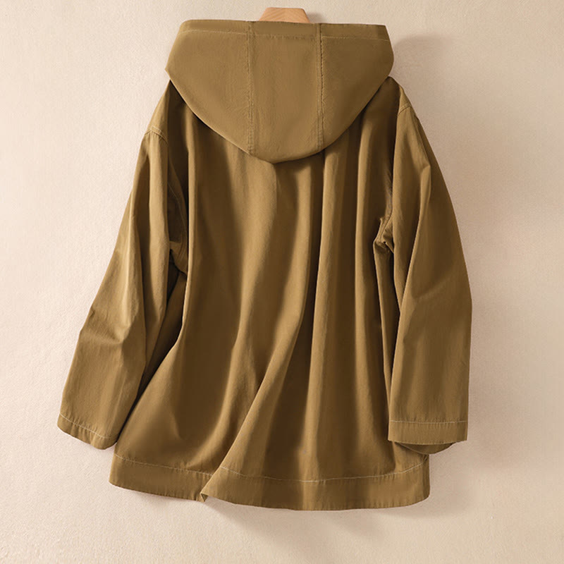 Veste en coton à capuche et boutons couleur pure Buddha Stones pour femme avec poches - image 3