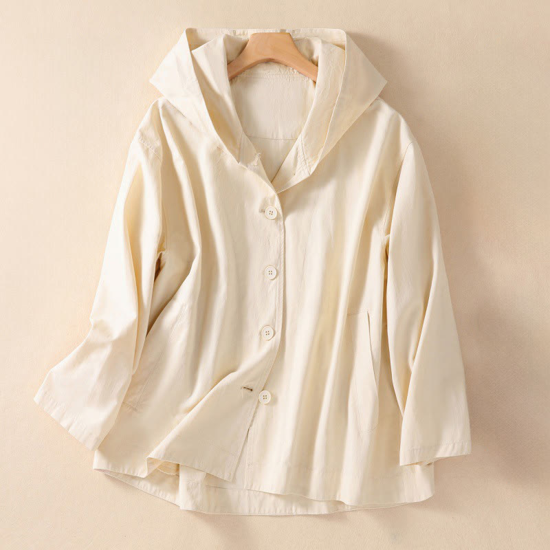 Veste en coton à capuche et boutons couleur pure Buddha Stones pour femme avec poches - Vieille Dentelle - US14，UK/AU18，EU46 (2XL) - image 7