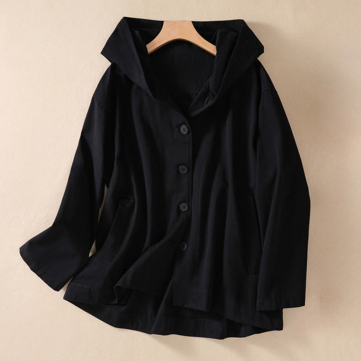 Veste en coton à capuche et boutons couleur pure Buddha Stones pour femme avec poches - Noir - US14，UK/AU18，EU46 (2XL) - image 10